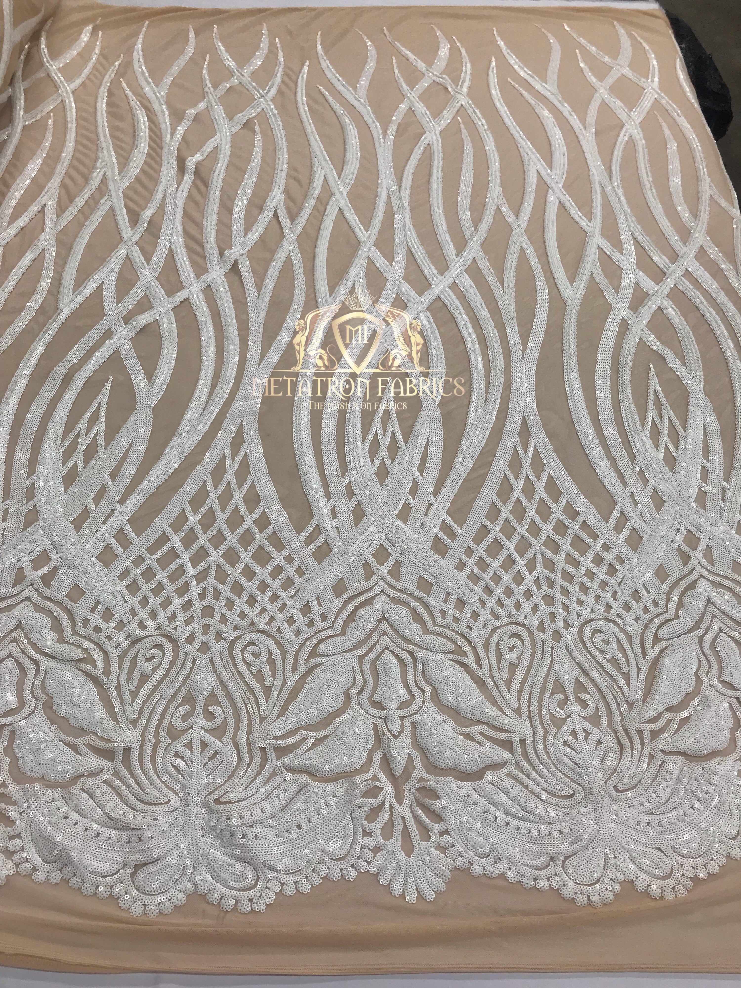 4 Way Stretch - White - Vines Design Sequins Fabric Embroidered On Nude Mesh Sold By The Yard