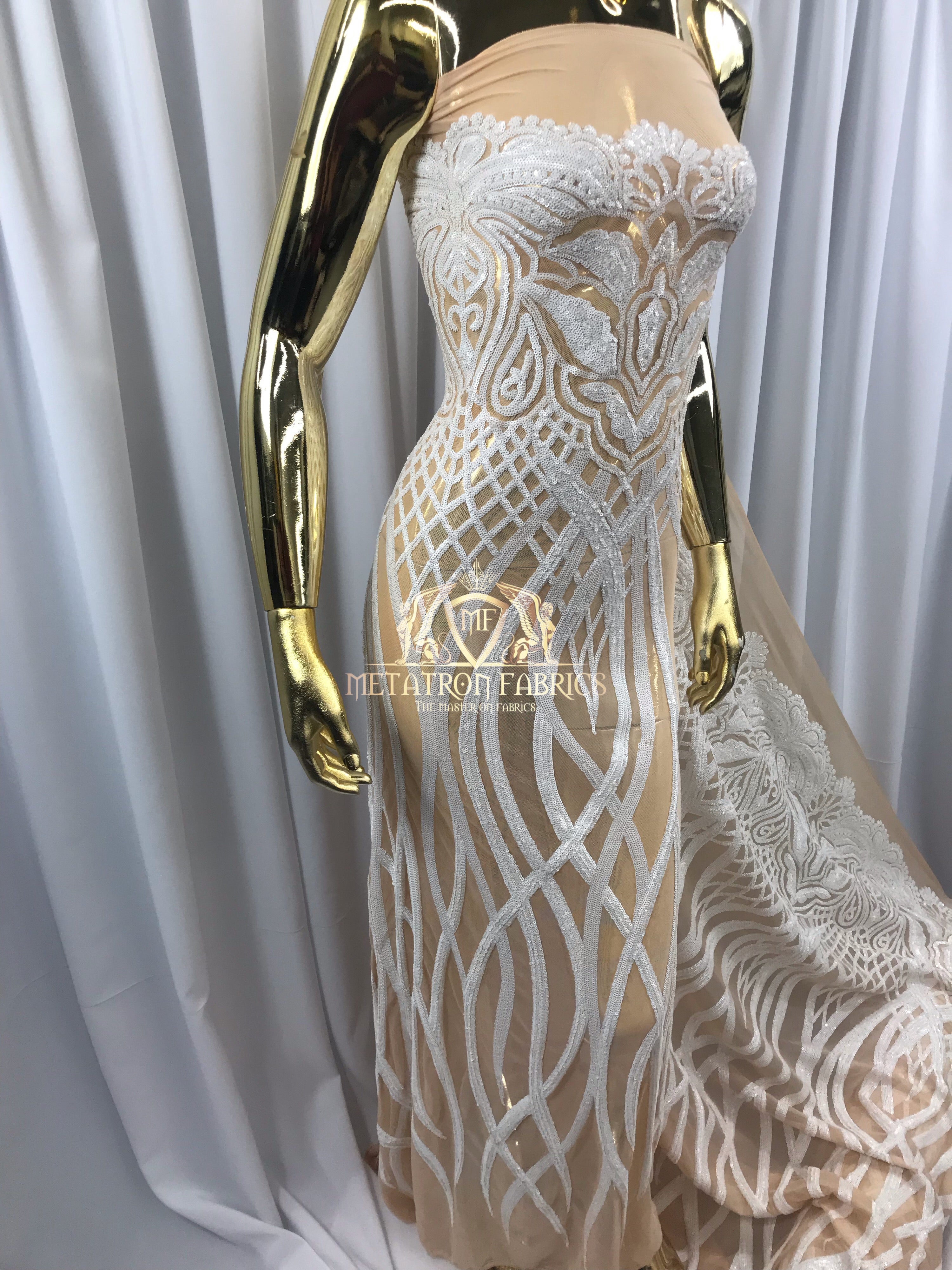 4 Way Stretch - White - Vines Design Sequins Fabric Embroidered On Nude Mesh Sold By The Yard