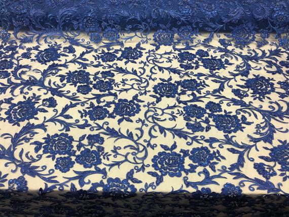 Beaded Floral - ROYAL BLUE - Luxury Wedding Bridal Embroidery Lace Fabric Sold By The Yard