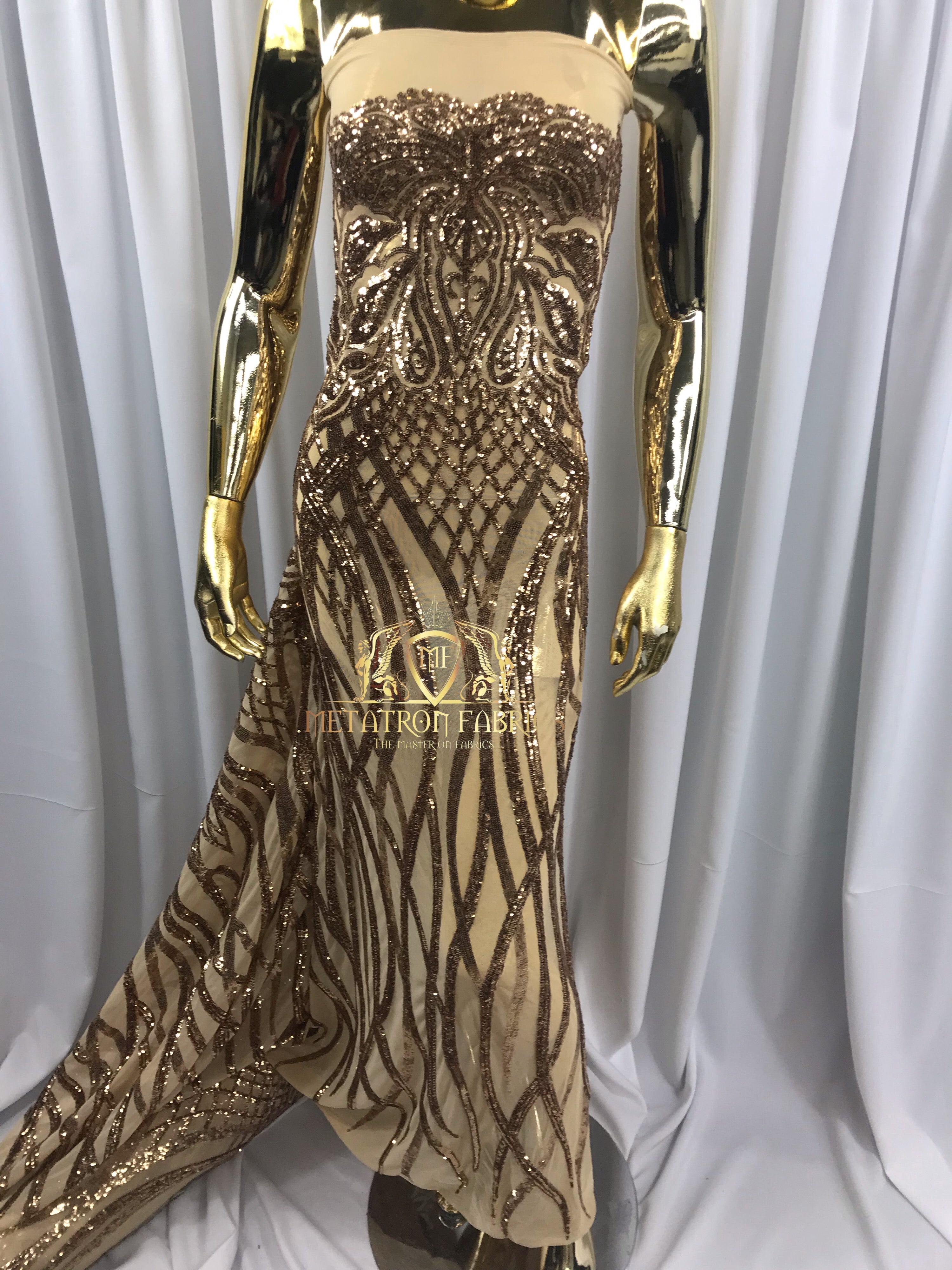 4 Way Stretch - Gold - Vines Design Sequins Fabric Embroidered On Mesh Sold By The Yard
