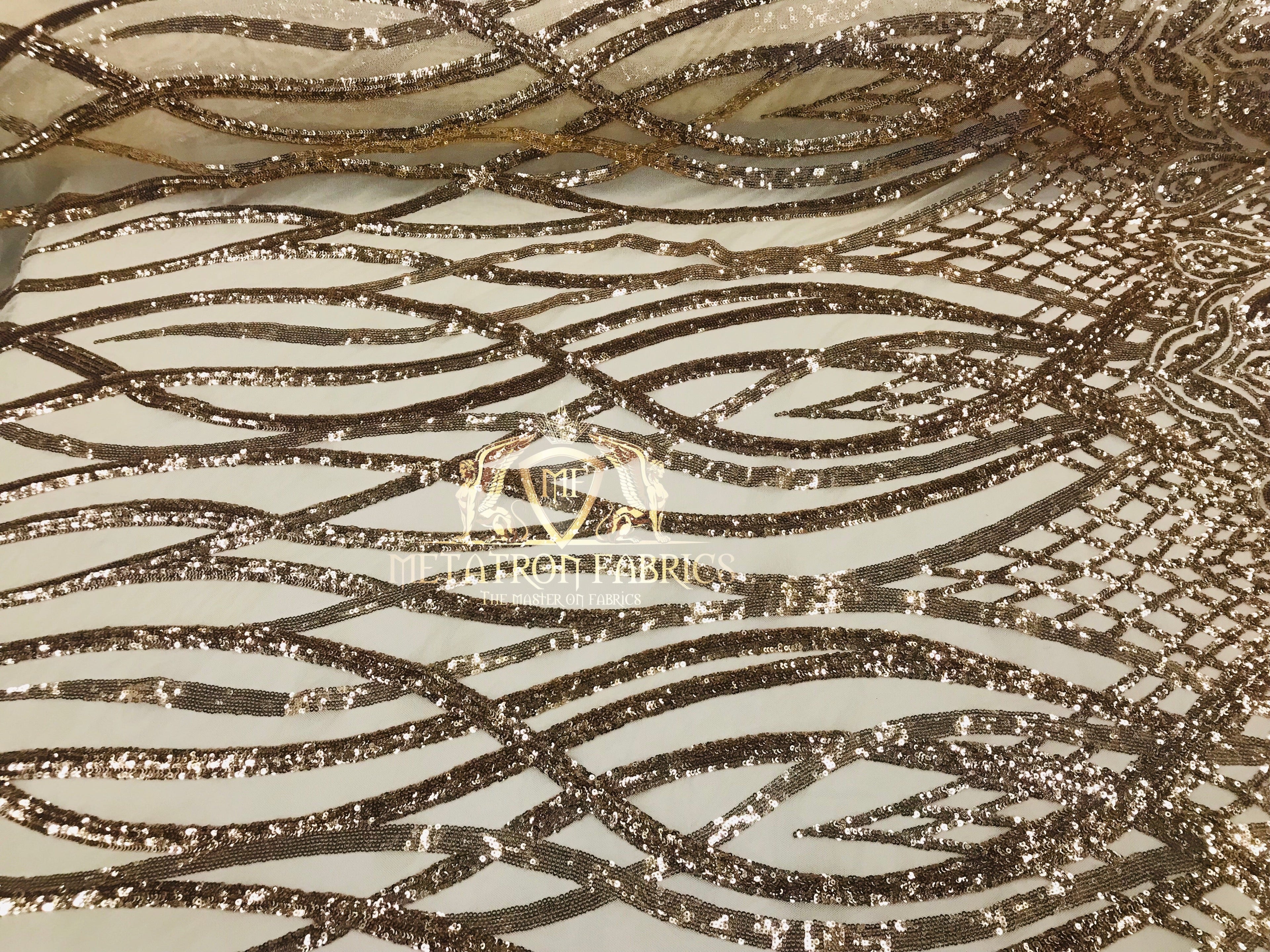 4 Way Stretch - Gold - Vines Design Sequins Fabric Embroidered On Mesh Sold By The Yard