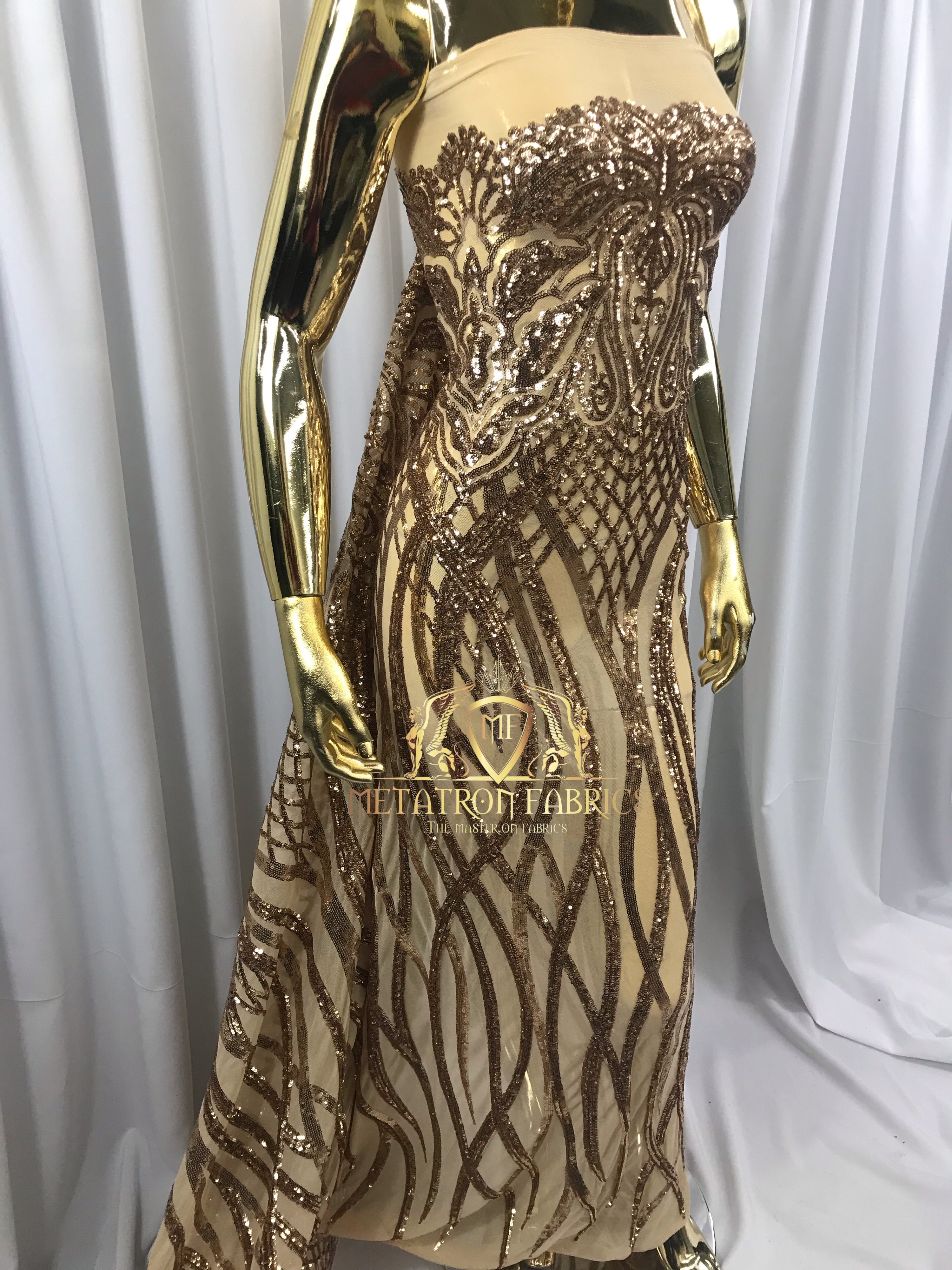 4 Way Stretch - Gold - Vines Design Sequins Fabric Embroidered On Mesh Sold By The Yard