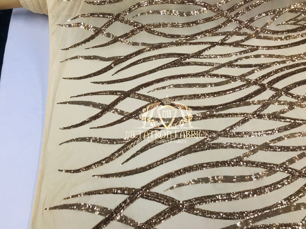 4 Way Stretch - Gold - Vines Design Sequins Fabric Embroidered On Mesh Sold By The Yard