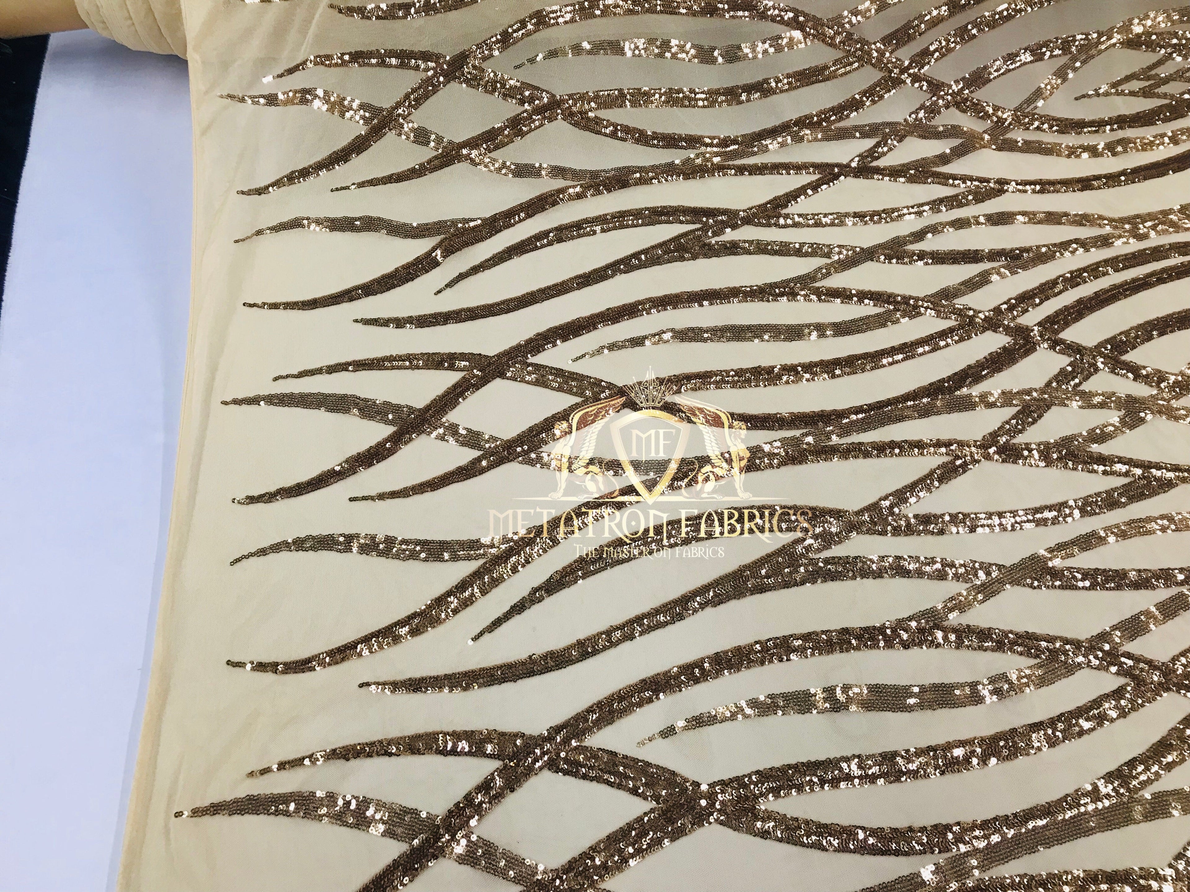 4 Way Stretch - Gold - Vines Design Sequins Fabric Embroidered On Mesh Sold By The Yard