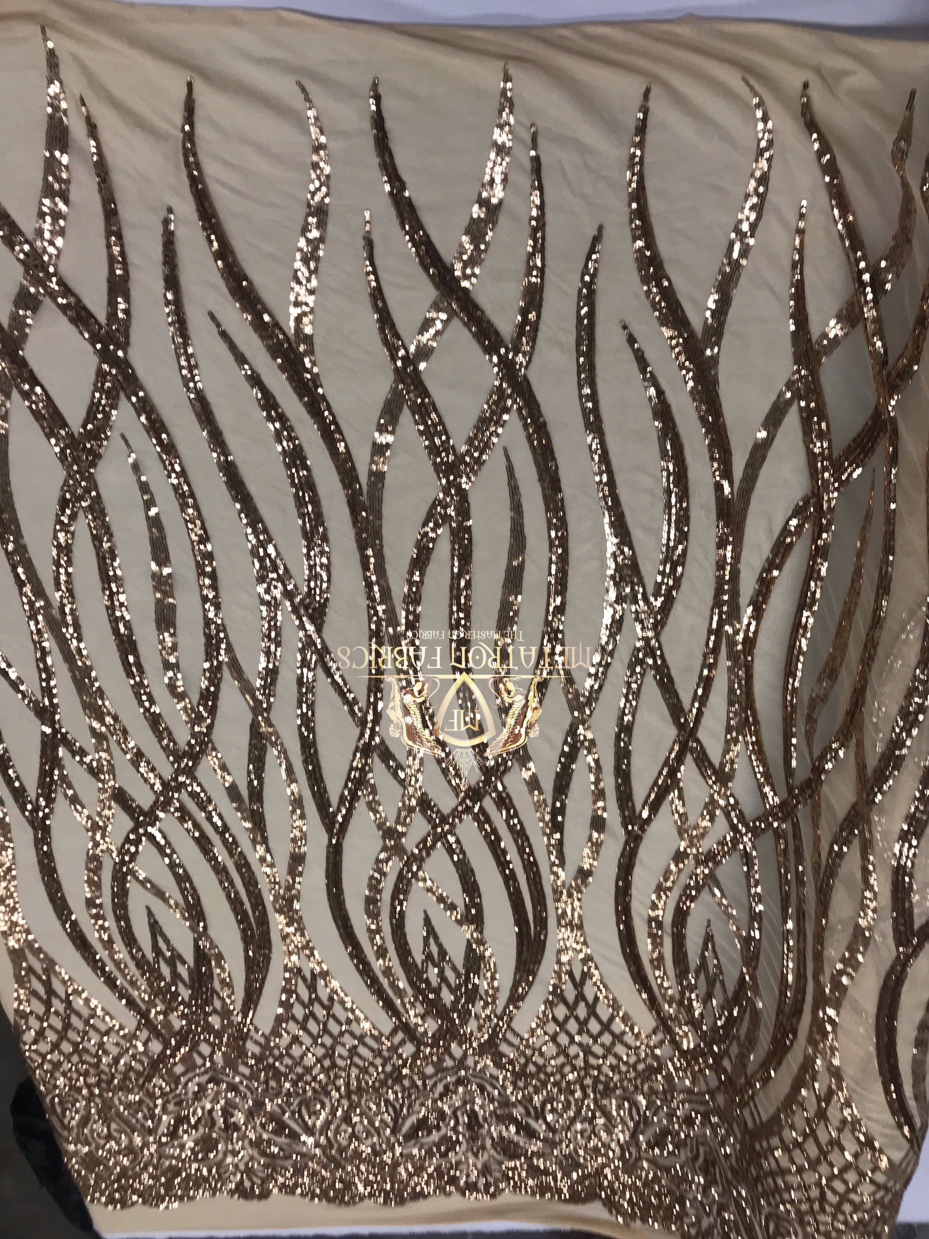 4 Way Stretch - Gold - Vines Design Sequins Fabric Embroidered On Mesh Sold By The Yard