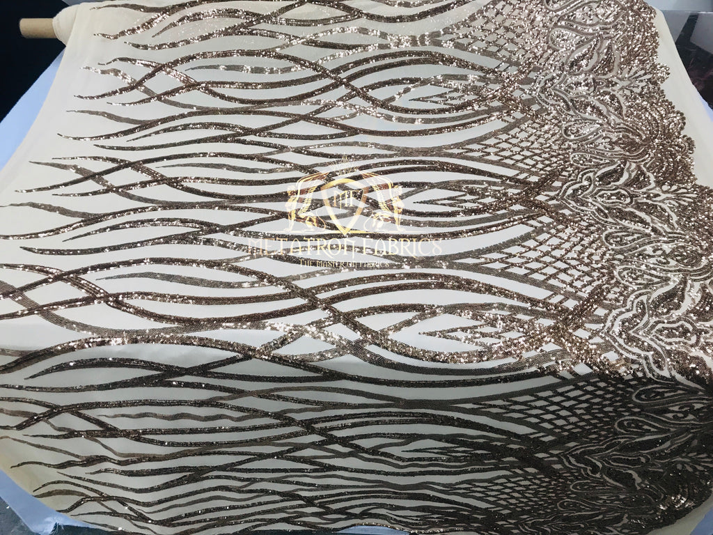 4 Way Stretch - Gold - Vines Design Sequins Fabric Embroidered On Mesh Sold By The Yard