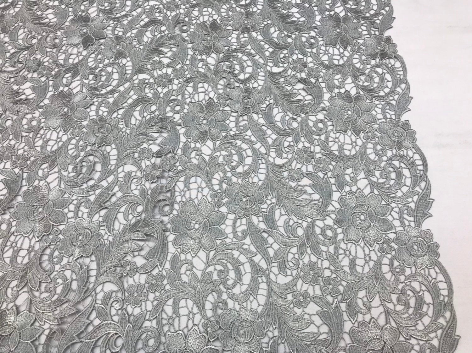 Guipure Lace Fabric - Grey - Embroidered Floral Bridal Lace Guipure Wedding Dress By The Yard