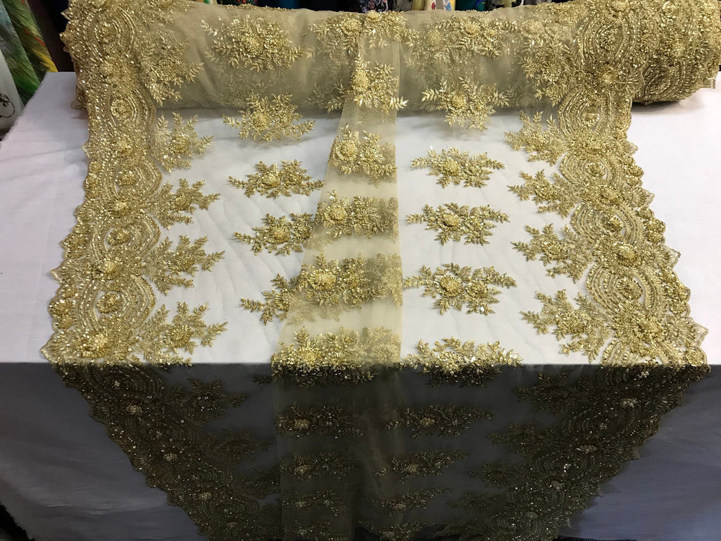 Beaded - Gold - Embroidered Floral Design Fancy Sequins Fabric with Beads Sold By The Yard
