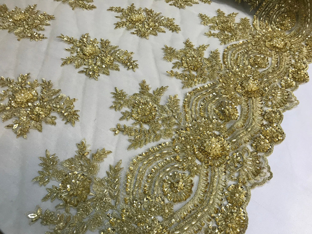 Beaded - Gold - Embroidered Floral Design Fancy Sequins Fabric with Beads Sold By The Yard