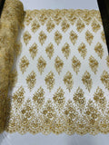 Floral Cluster Bead Fabric - Gold - Sold By The Yard - Embroidered Flower Beaded Fabric