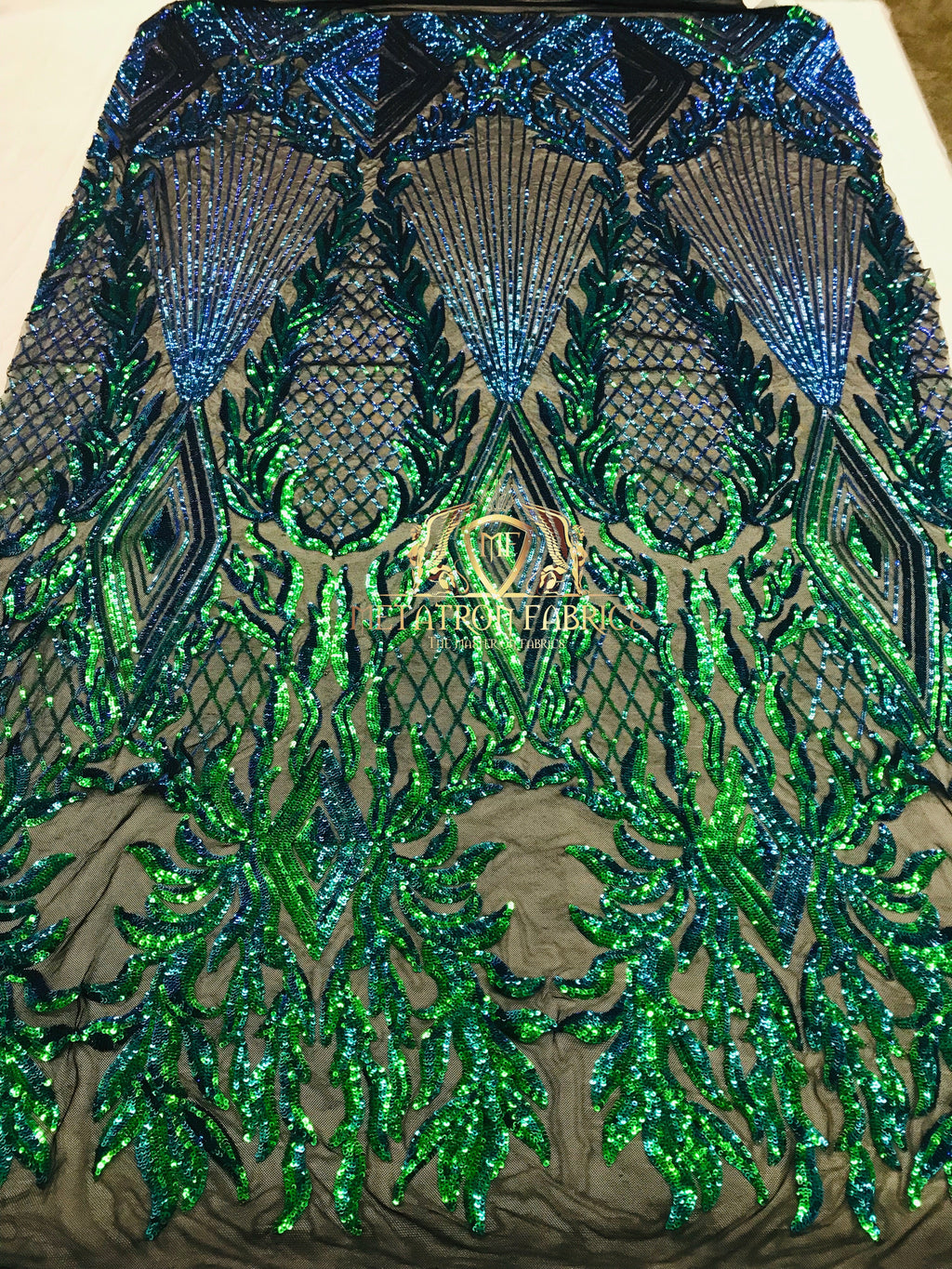4 Way Stretch - Blue/Green - Triangle Lines Design Sequins Fabric Embroidered Mesh Sold By The Yard