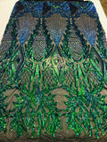 4 Way Stretch - Blue/Green - Triangle Lines Design Sequins Fabric Embroidered Mesh Sold By The Yard