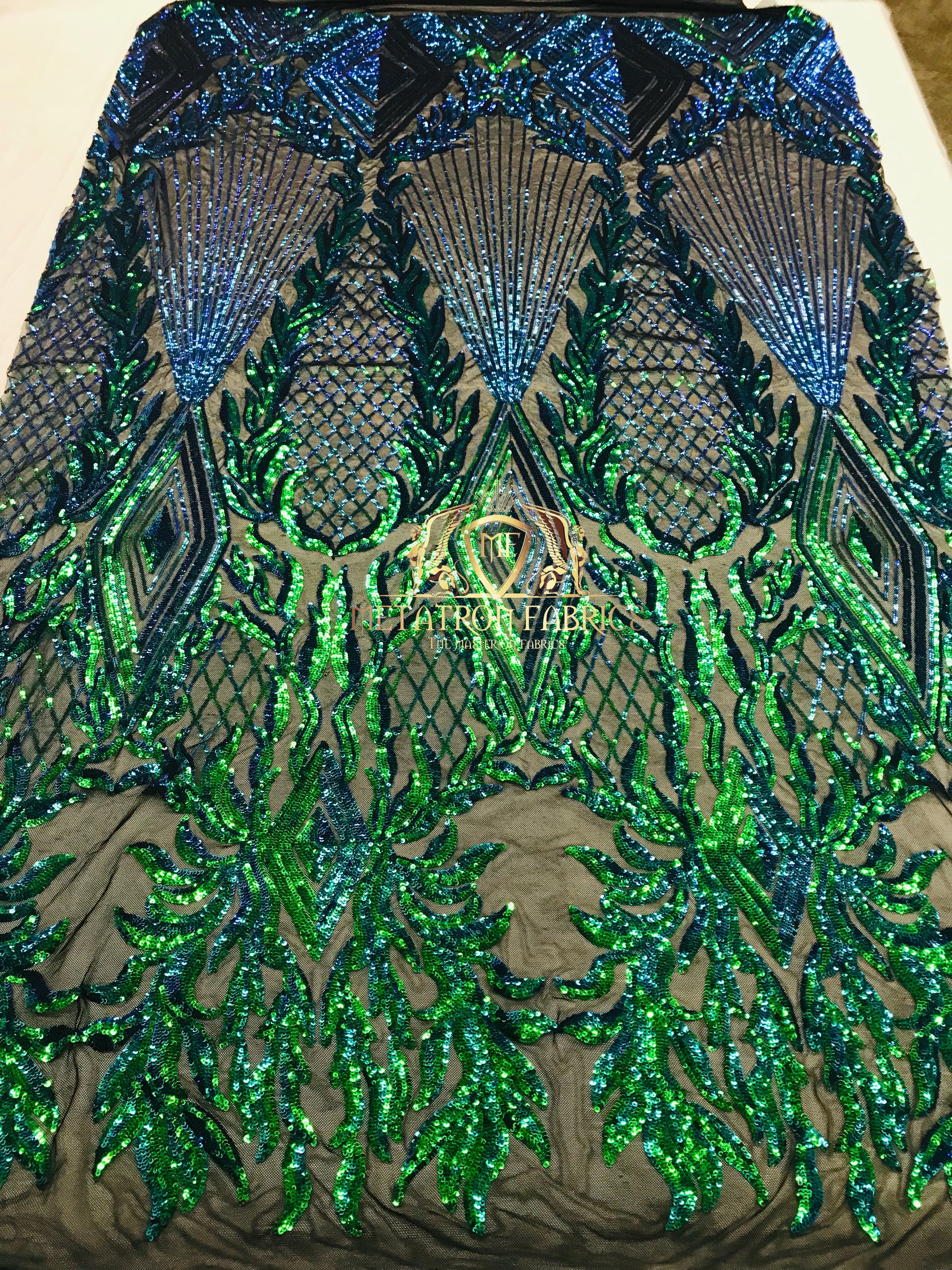 4 Way Stretch - Blue/Green - Triangle Lines Design Sequins Fabric Embroidered Mesh Sold By The Yard