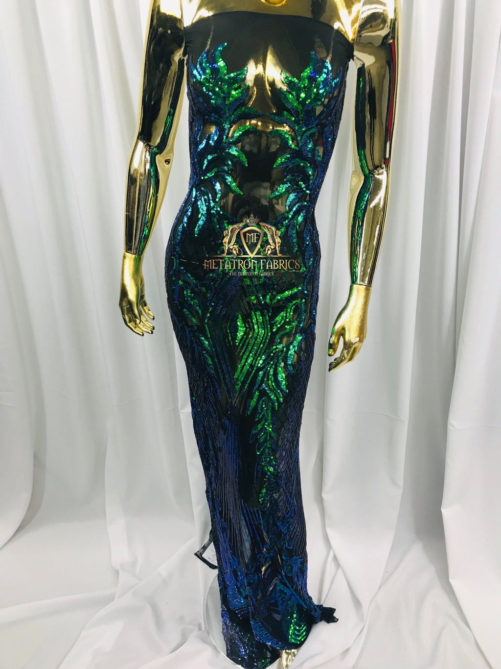 4 Way Stretch - Blue/Green - Triangle Lines Design Sequins Fabric Embroidered Mesh Sold By The Yard