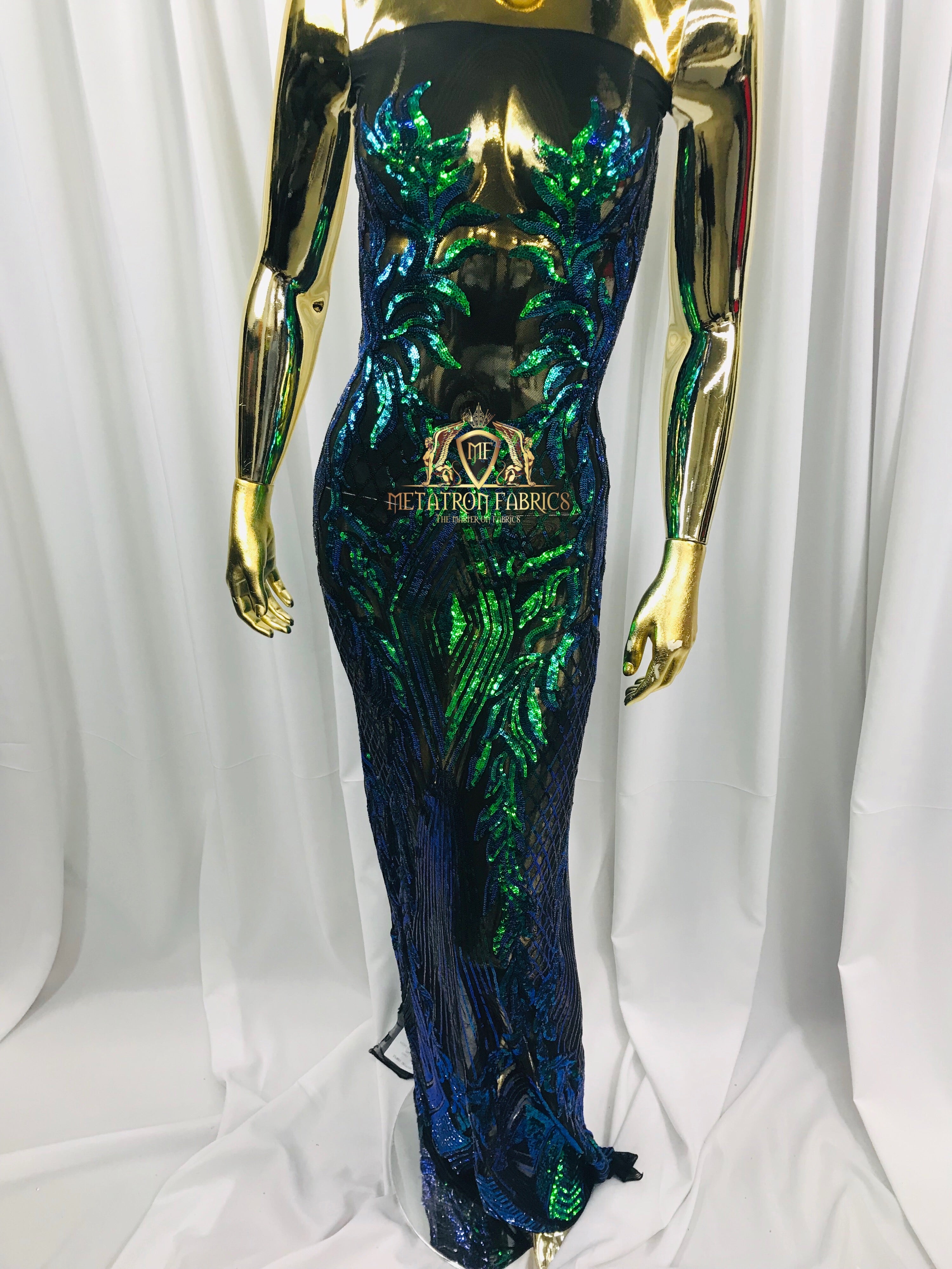 4 Way Stretch - Blue/Green - Triangle Lines Design Sequins Fabric Embroidered Mesh Sold By The Yard