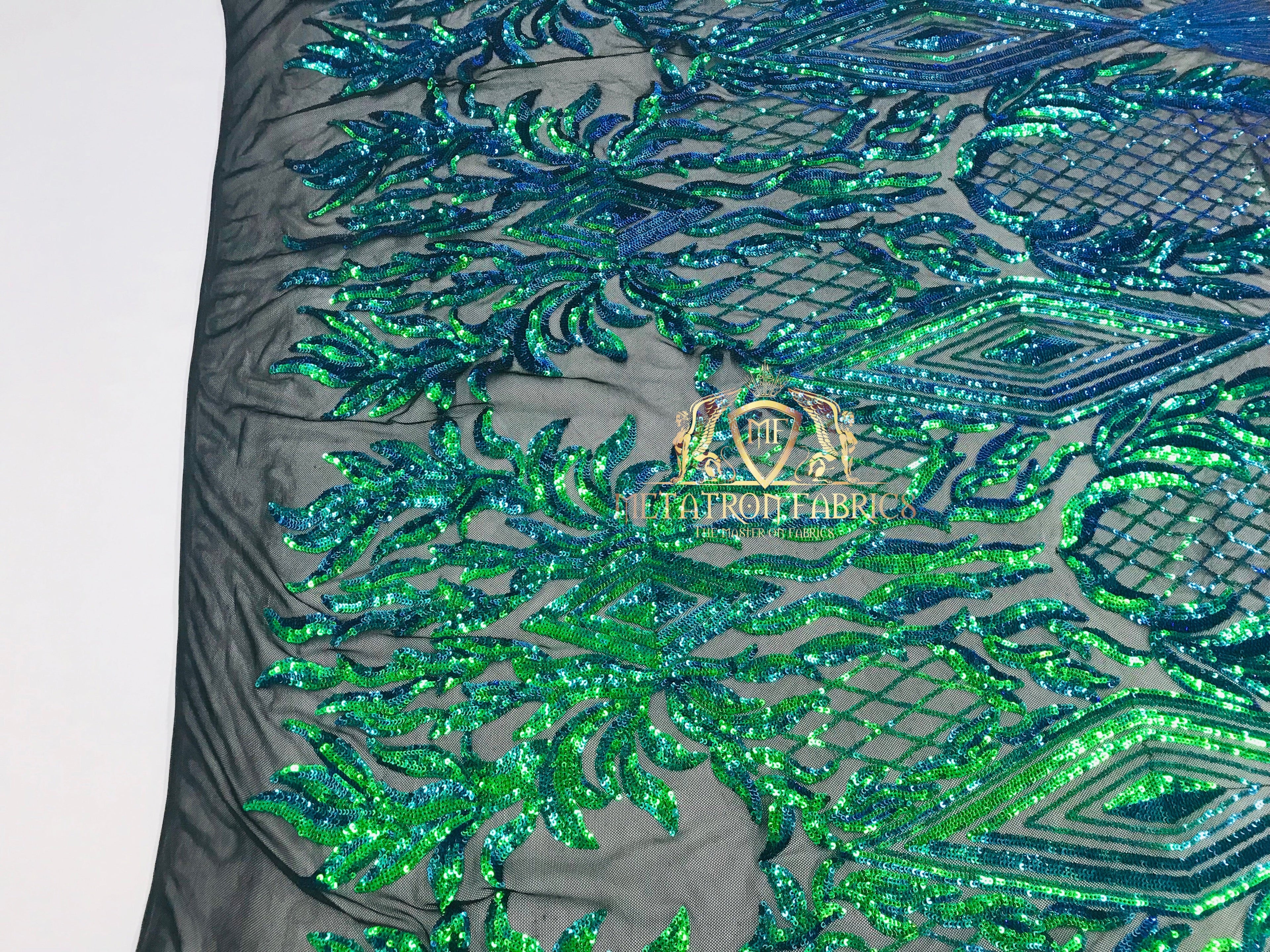 4 Way Stretch - Blue/Green - Triangle Lines Design Sequins Fabric Embroidered Mesh Sold By The Yard
