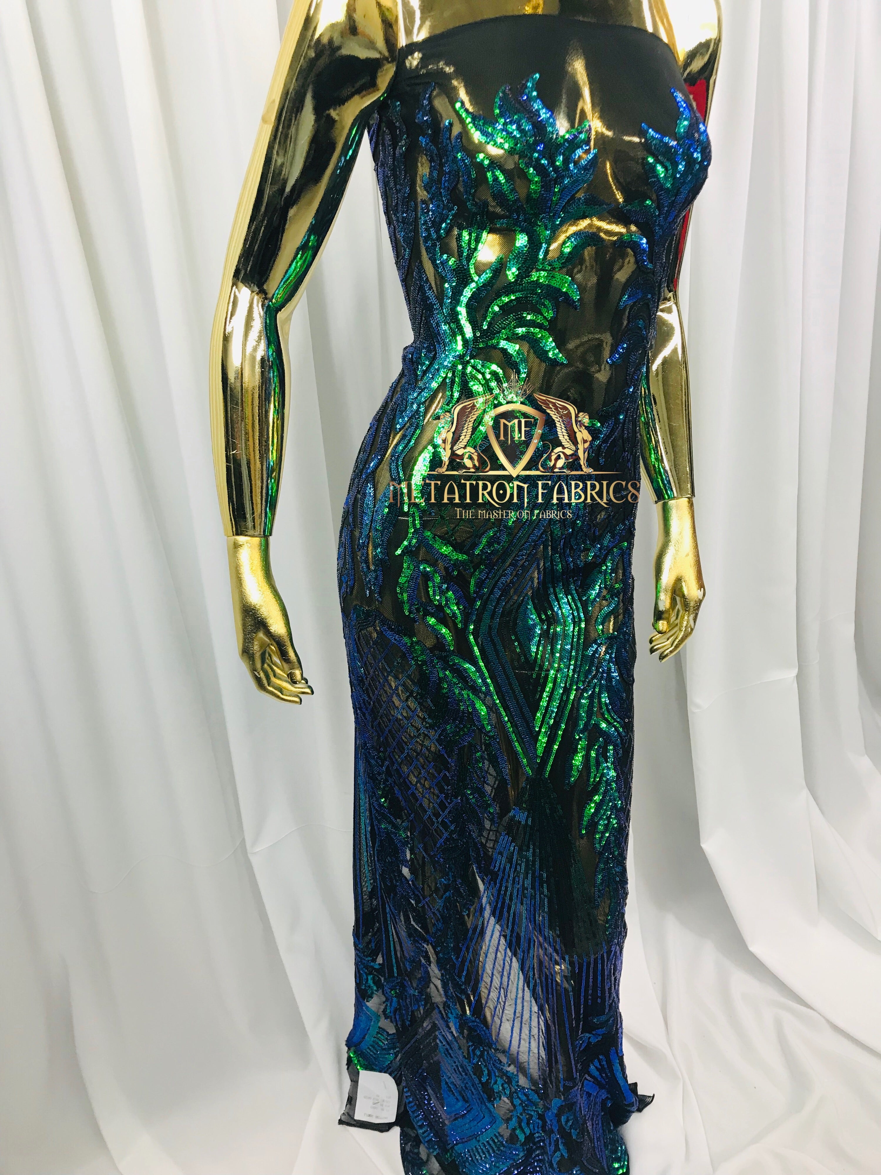 4 Way Stretch - Blue/Green - Triangle Lines Design Sequins Fabric Embroidered Mesh Sold By The Yard