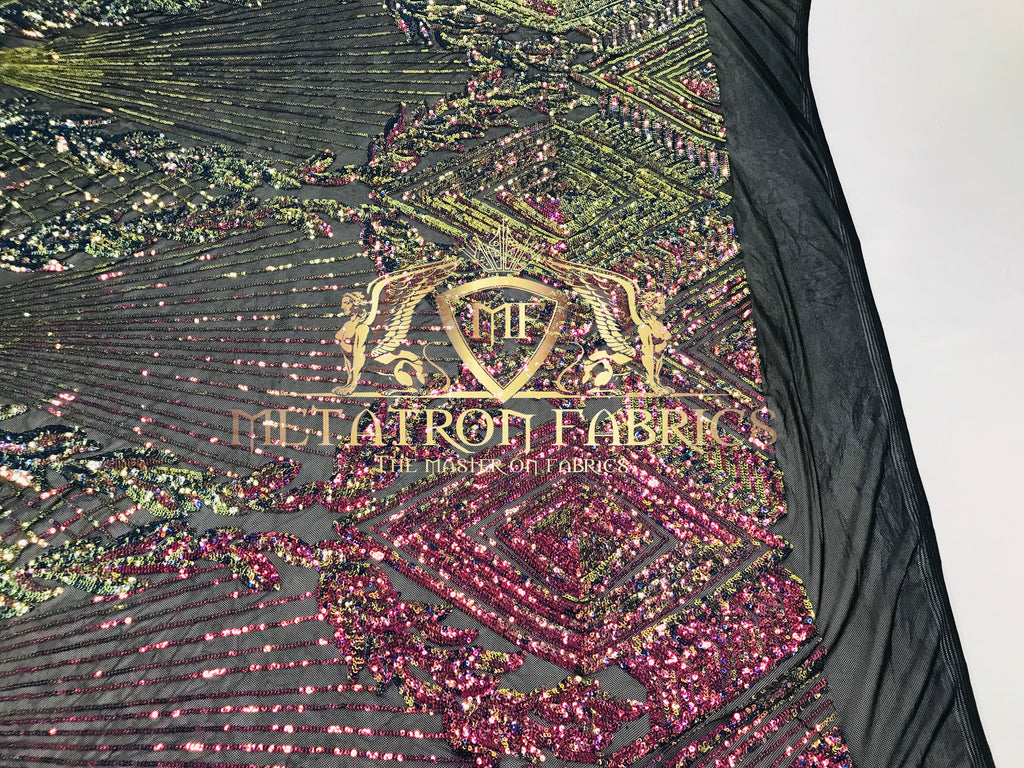 4 Way Stretch - Iridescent Rainbow Triangle Design Sequins Fabric Embroidered Mesh Sold By The Yard