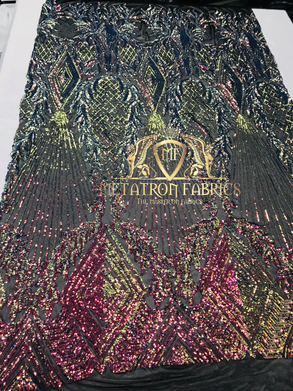 4 Way Stretch - Iridescent Rainbow Triangle Design Sequins Fabric Embroidered Mesh Sold By The Yard