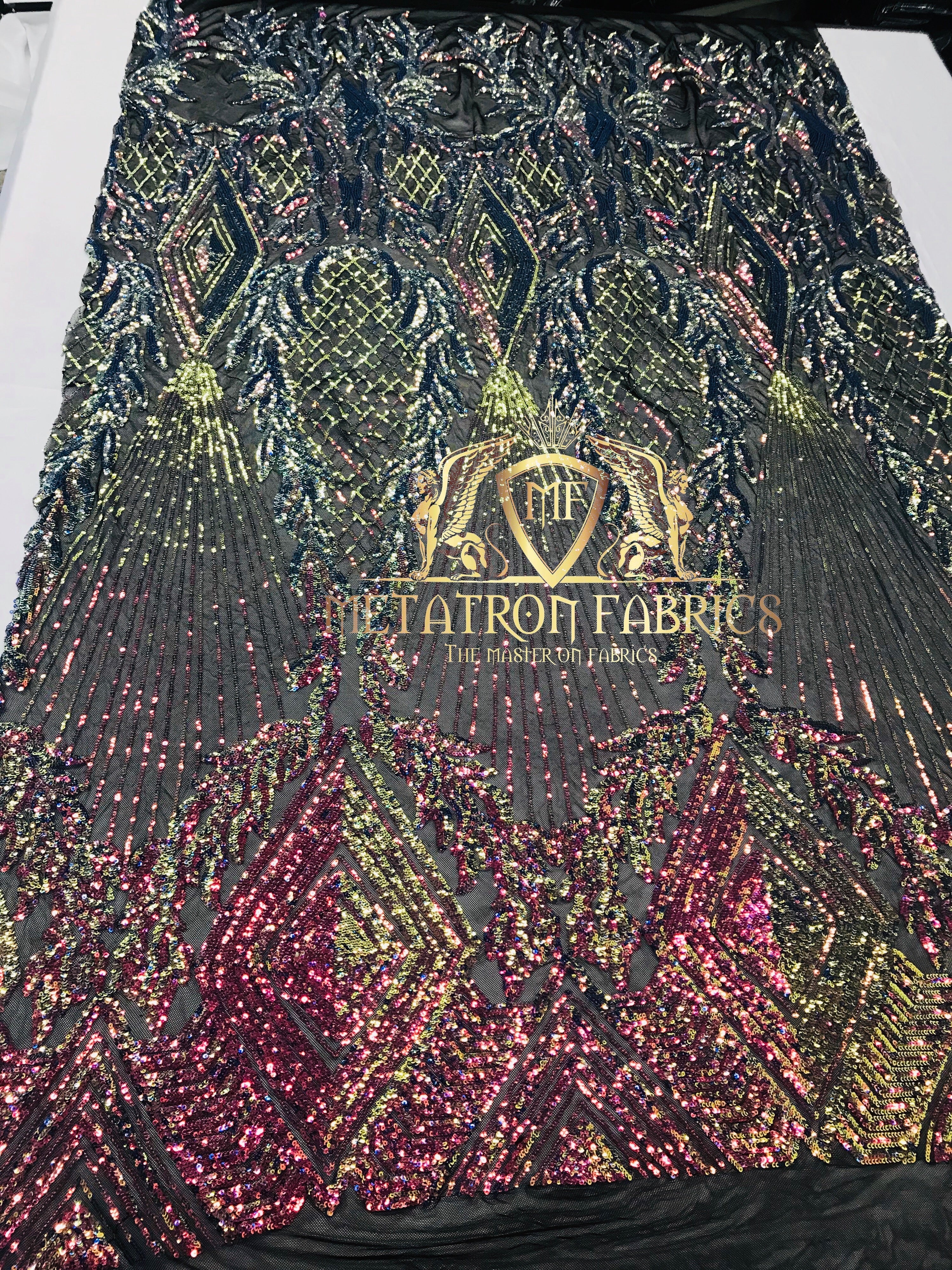 4 Way Stretch - Iridescent Rainbow Triangle Design Sequins Fabric Embroidered Mesh Sold By The Yard