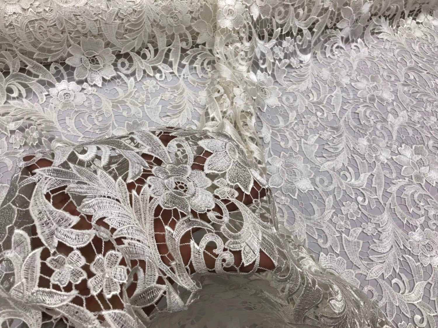 Guipure Lace Fabric - Ivory - Embroidered Floral Bridal Lace Guipure Wedding Dress By The Yard