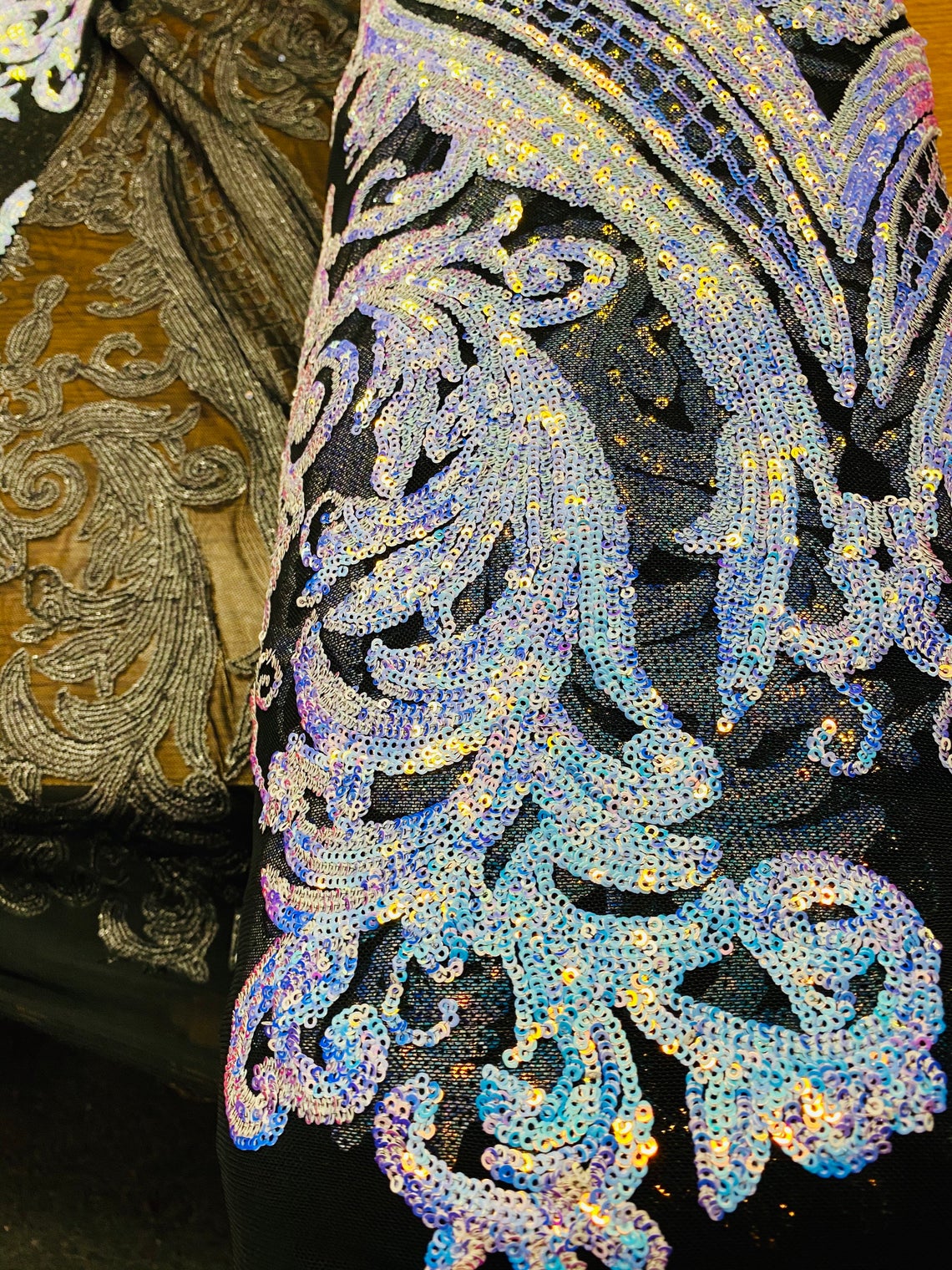 Big Damask Sequins Fabric - Iridescent Blue - 4 Way Stretch Damask Sequins Design Fabric By Yard