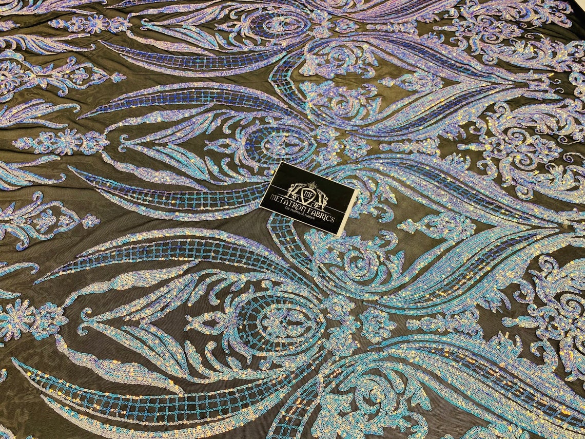 Big Damask Sequins Fabric - Iridescent Blue - 4 Way Stretch Damask Sequins Design Fabric By Yard
