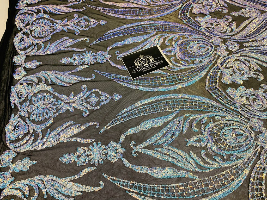 Big Damask Sequins Fabric - Iridescent Blue - 4 Way Stretch Damask Sequins Design Fabric By Yard