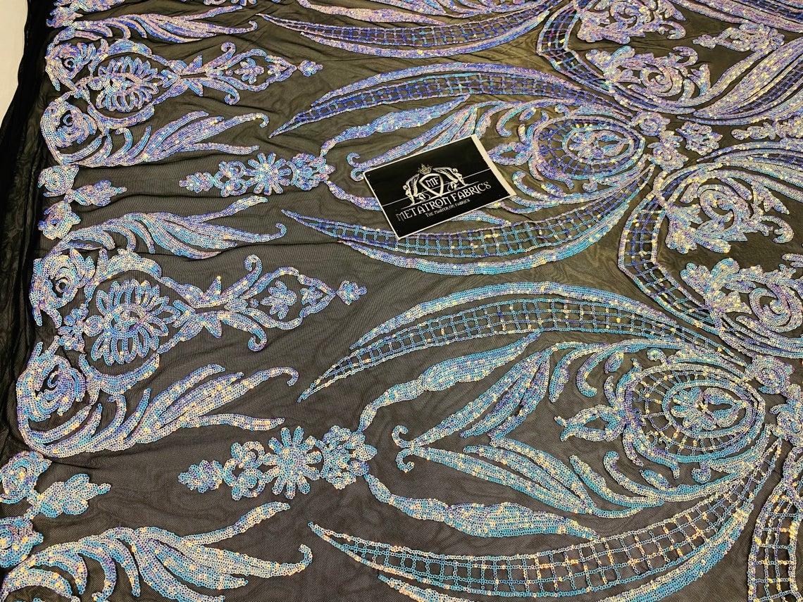 Big Damask Sequins Fabric - Iridescent Blue - 4 Way Stretch Damask Sequins Design Fabric By Yard