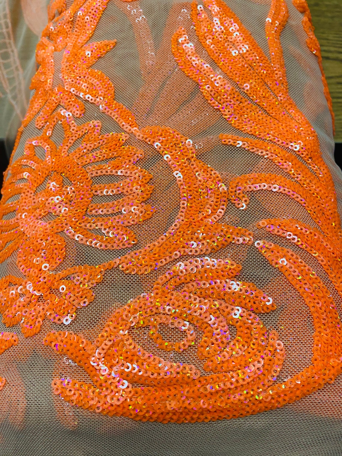Big Damask Sequins Fabric - Neon Orange - 4 Way Stretch Damask Sequins Design Fabric By Yard