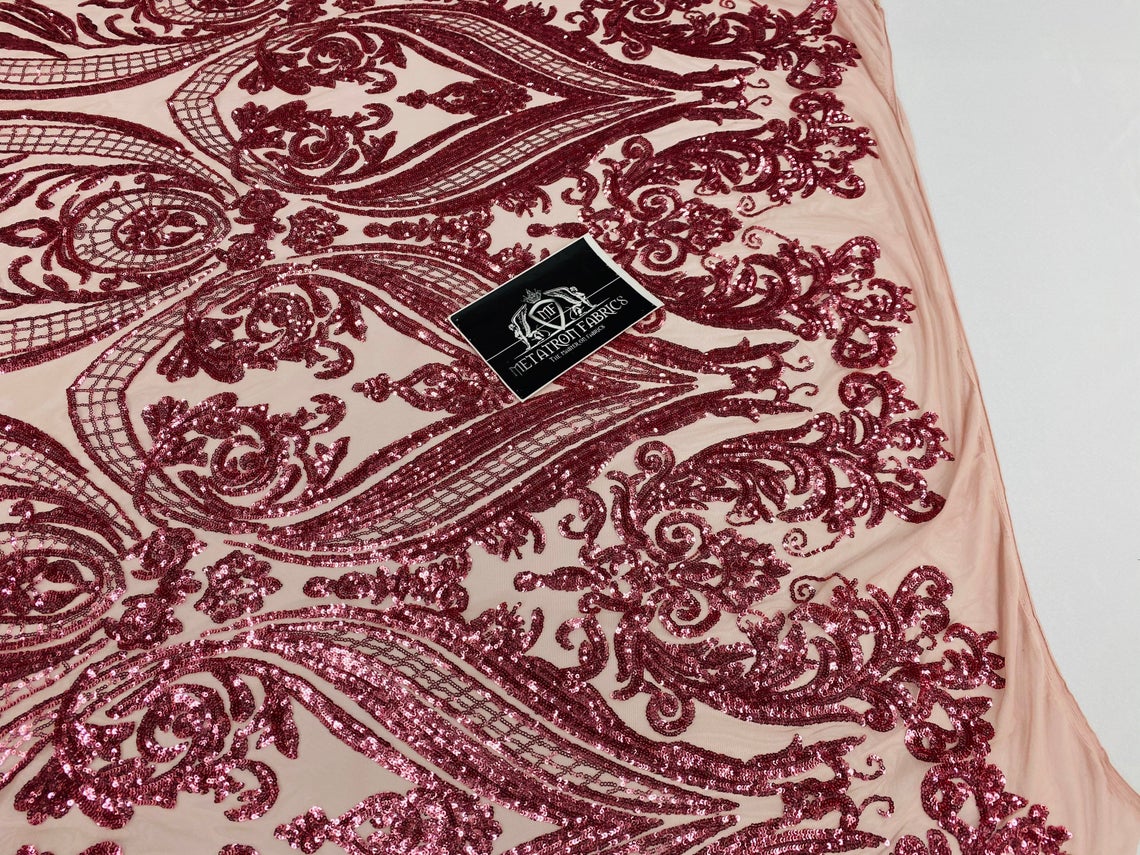 Big Damask Sequins Fabric - Dusty Rose - 4 Way Stretch Damask Sequins Design Fabric By Yard