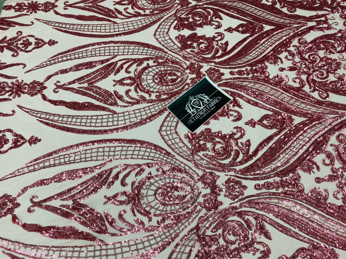Big Damask Sequins Fabric - Dusty Rose - 4 Way Stretch Damask Sequins Design Fabric By Yard