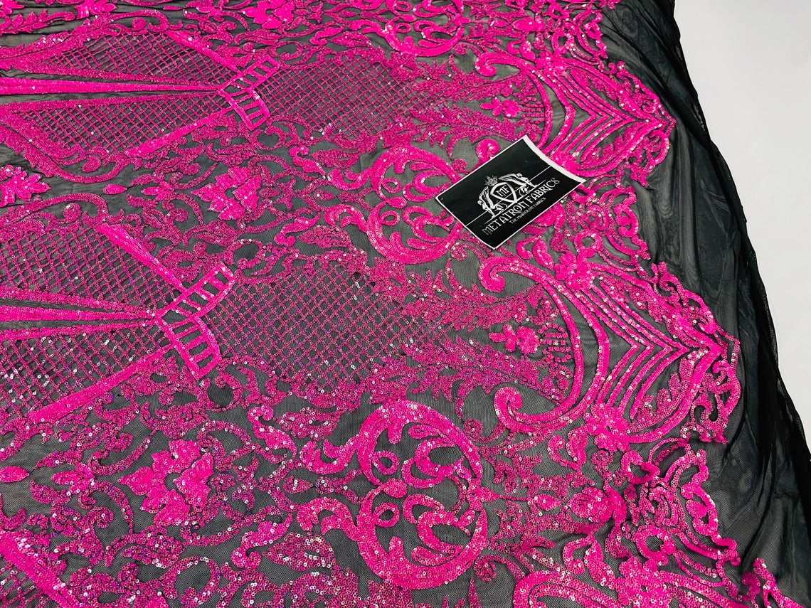 4 Way Stretch Fabric - Neon Pink - Fancy Pattern Design Sequins Fashion Fabric Mesh By Yard