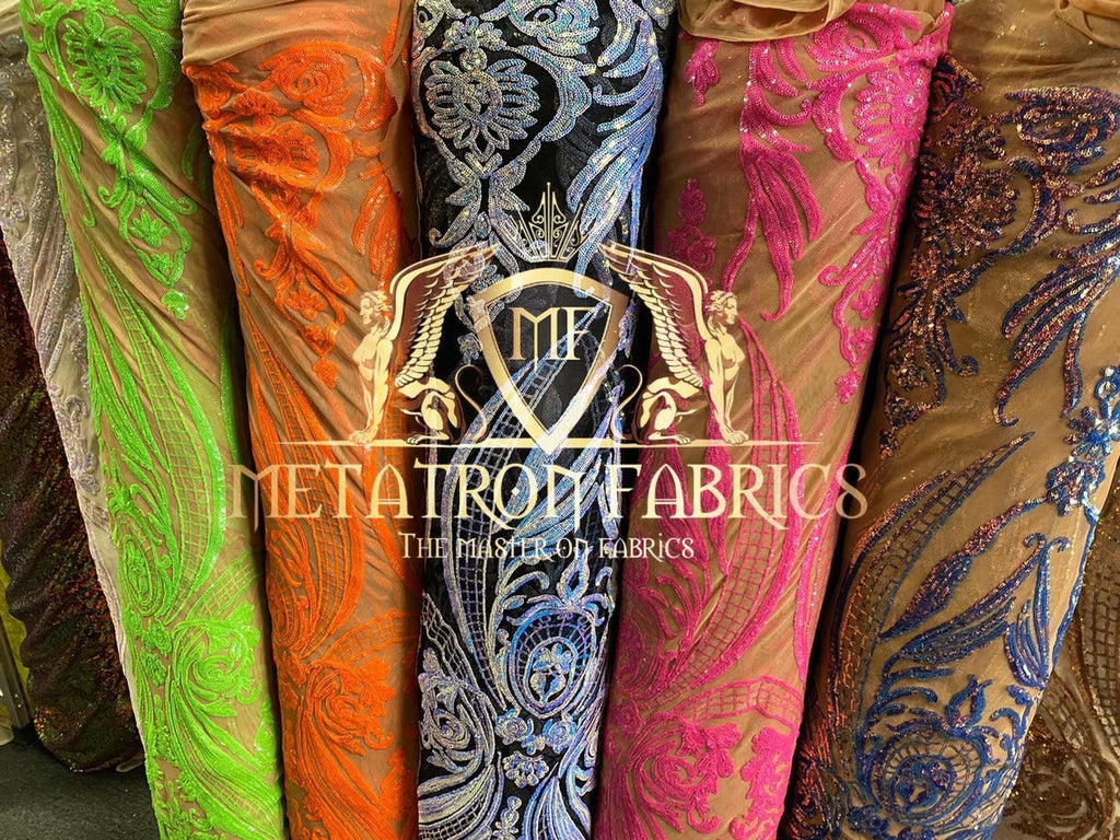 Big Damask Sequins Fabric - Neon Green - 4 Way Stretch Damask Sequins Design Fabric By Yard