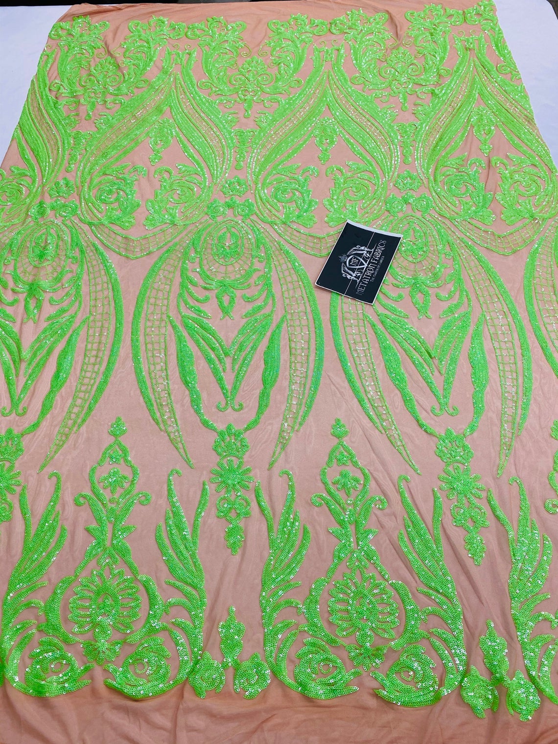 Big Damask Sequins Fabric - Neon Green - 4 Way Stretch Damask Sequins Design Fabric By Yard