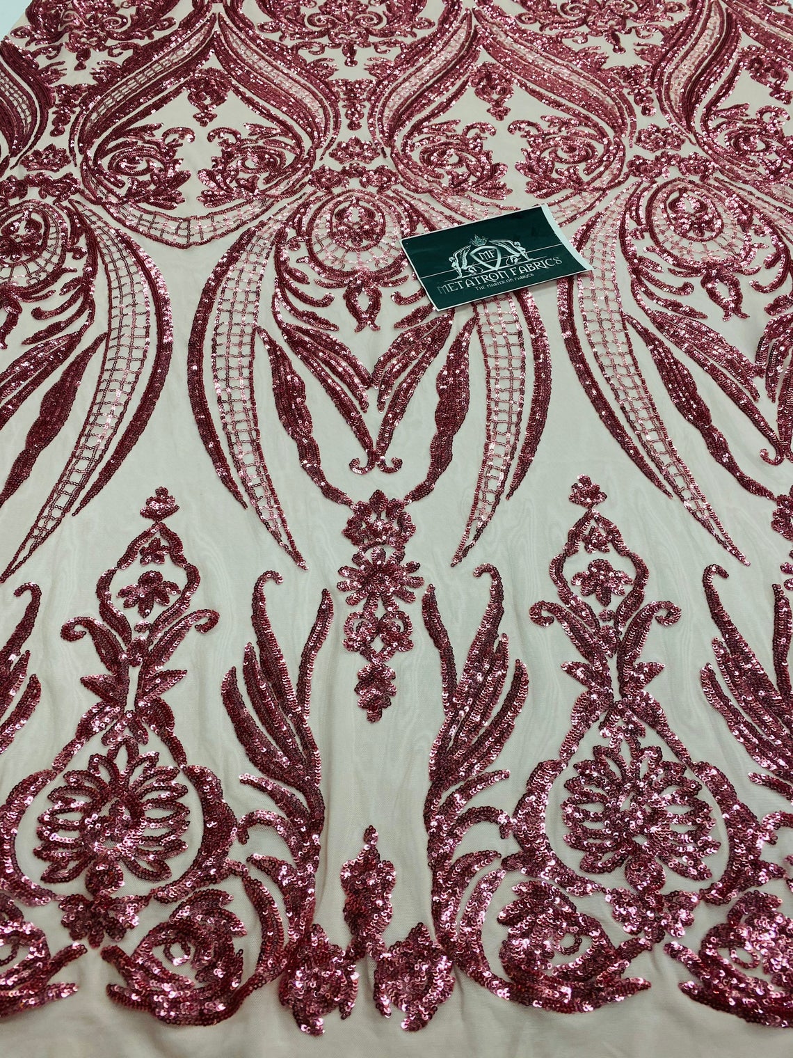 Big Damask Sequins Fabric - Dusty Rose - 4 Way Stretch Damask Sequins Design Fabric By Yard