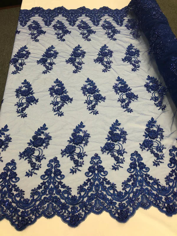 Beaded Bridal Lace - Royal Blue - Sold By The Yard Floral Embroidered Sequins Wedding Fabric