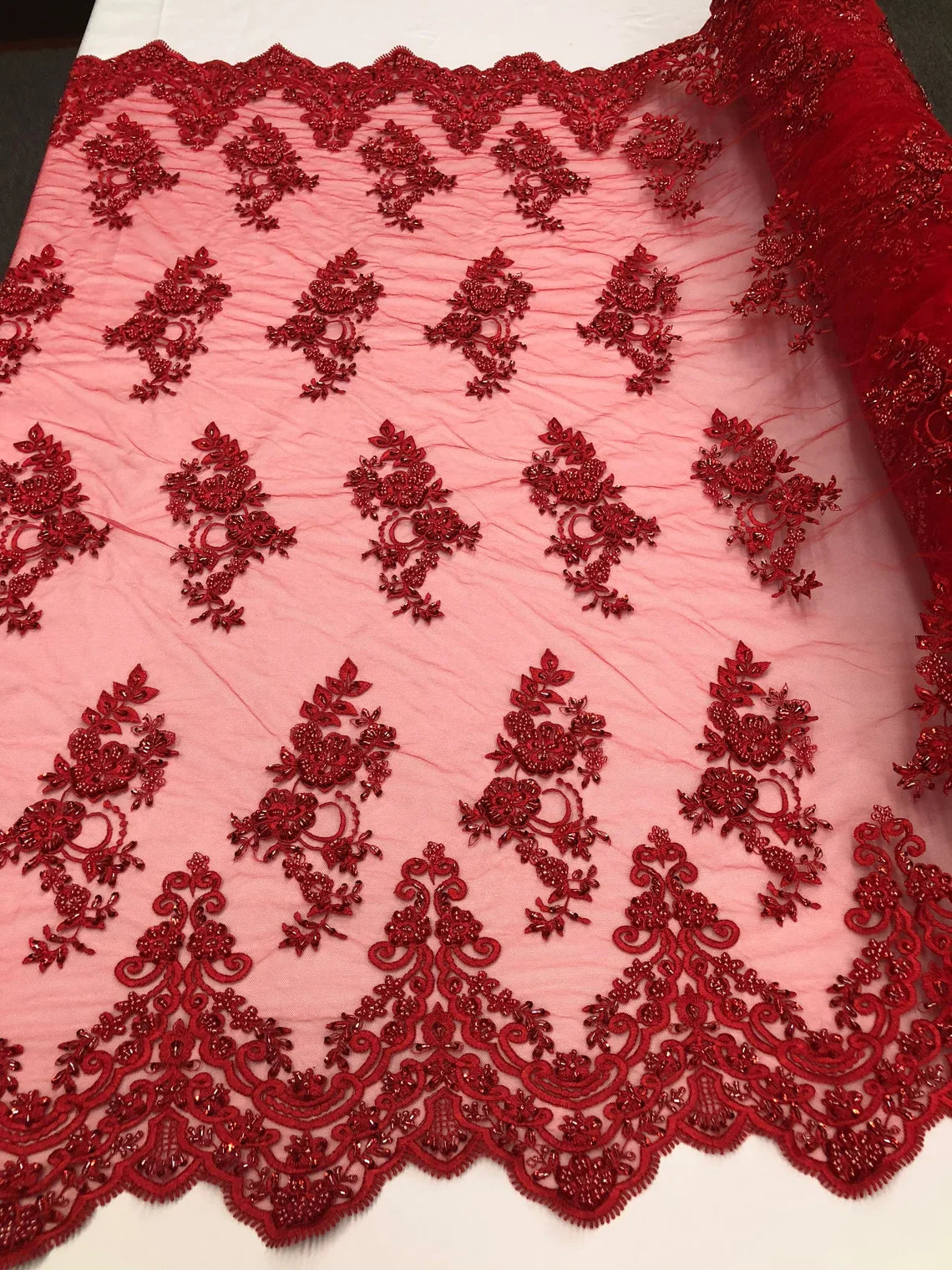 Beaded Bridal Lace - Red - Sold By The Yard Floral Embroidered Sequins Wedding Fabric
