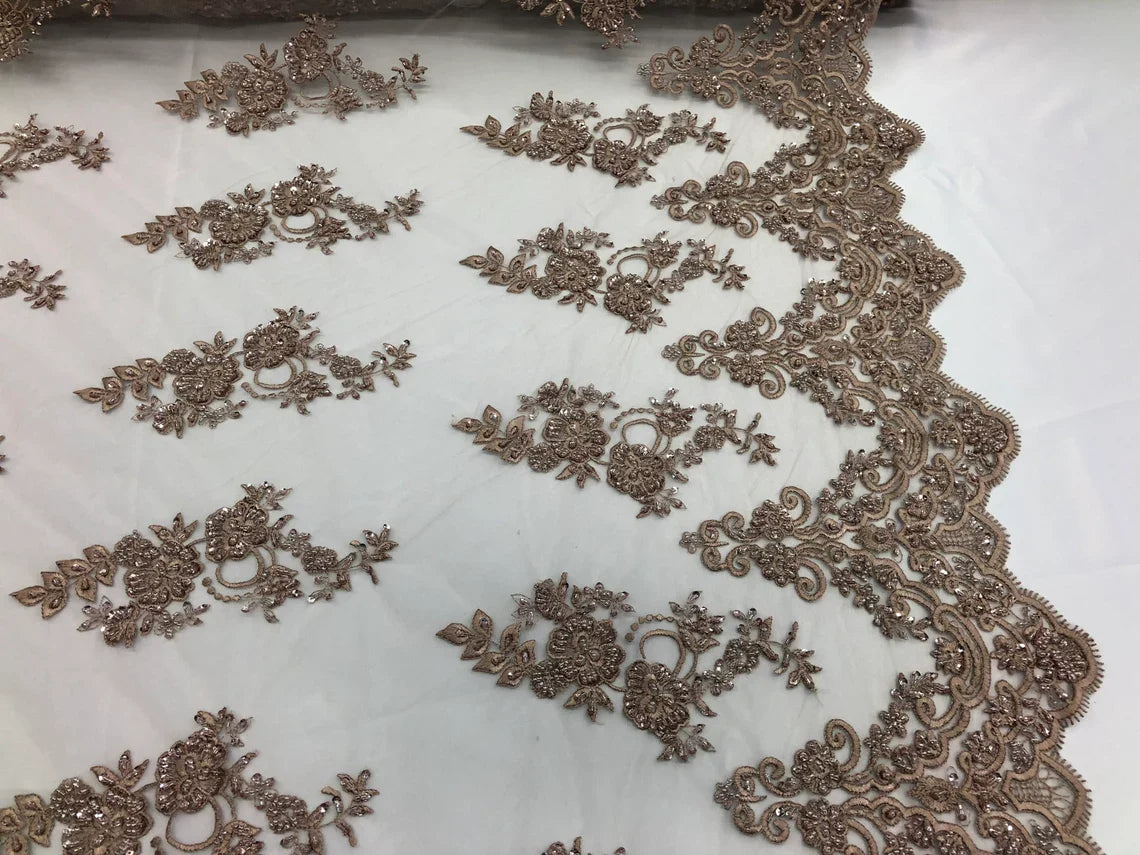 Beaded Bridal Lace - Coffee - Sold By The Yard Floral Embroidered Sequins Wedding Fabric