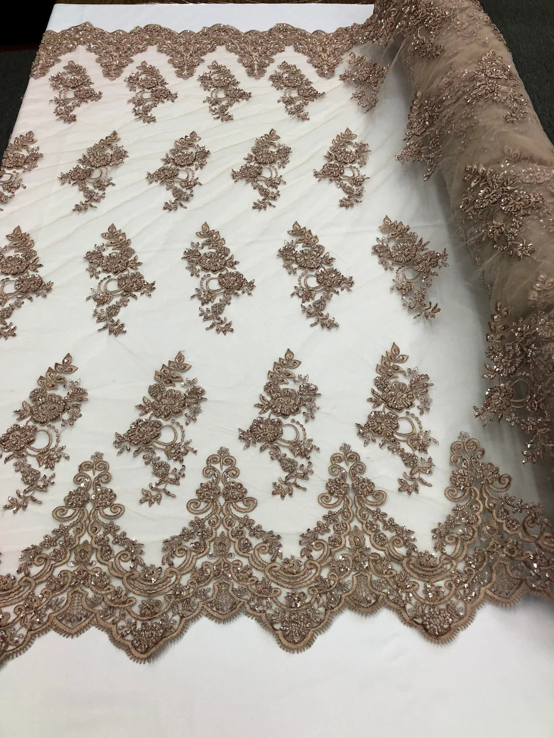 Beaded Bridal Lace - Coffee - Sold By The Yard Floral Embroidered Sequins Wedding Fabric