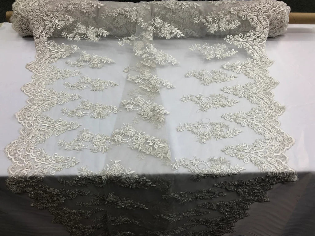Beaded Bridal Lace - White - Sold By The Yard Floral Embroidered Sequins Wedding Fabric