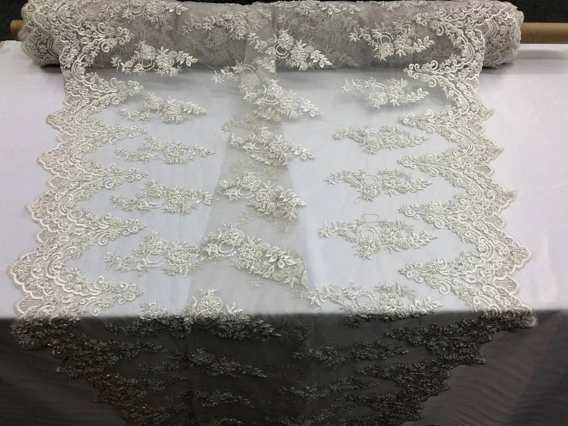 Beaded Bridal Lace - White - Sold By The Yard Floral Embroidered Sequins Wedding Fabric