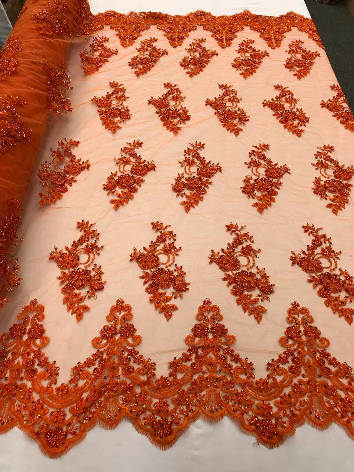 Beaded Bridal Lace - Orange - Sold By The Yard Floral Embroidered Sequins Wedding Fabric