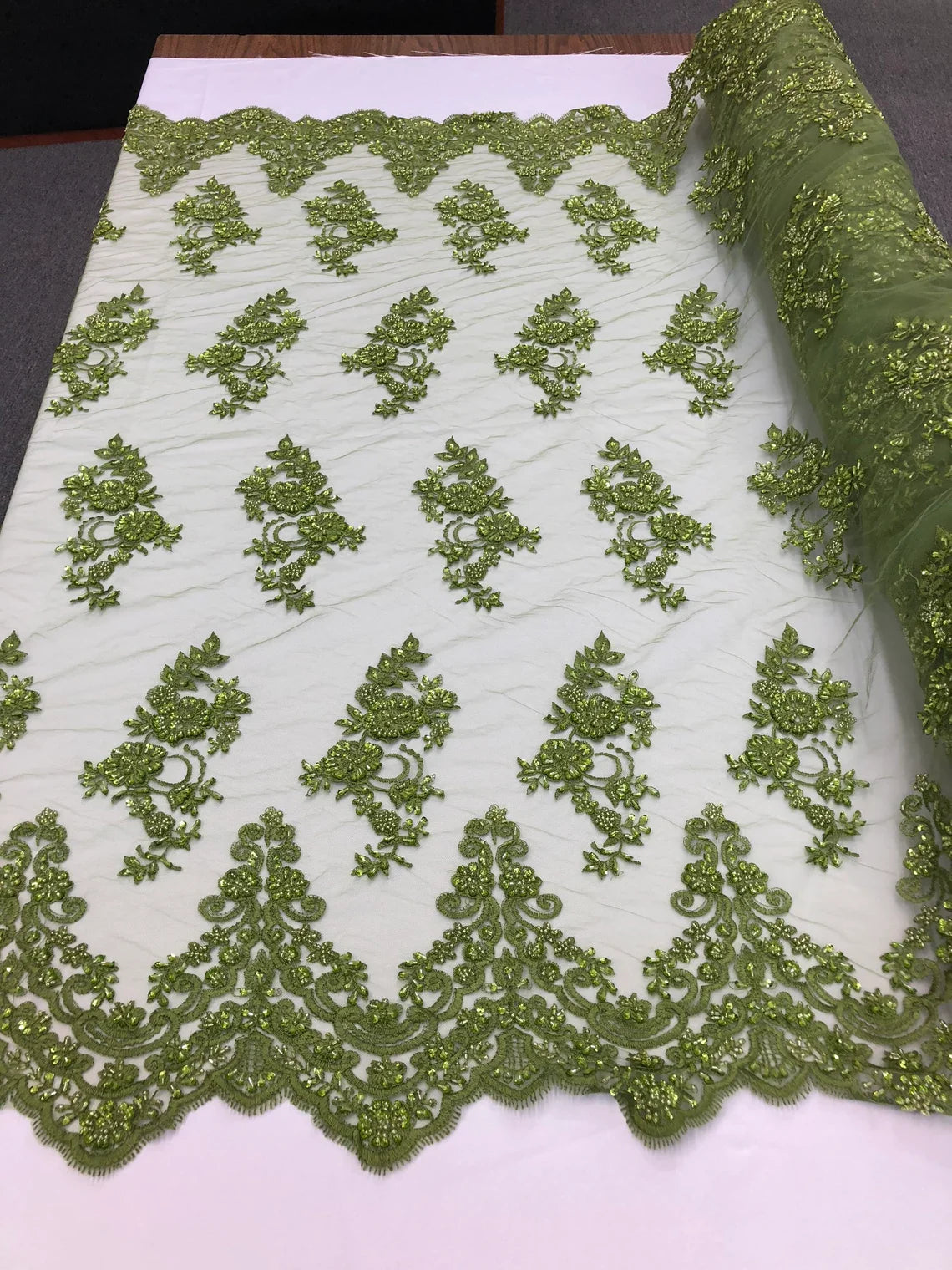 Beaded Bridal Lace - Olive - Sold By The Yard Floral Embroidered Sequins Wedding Fabric