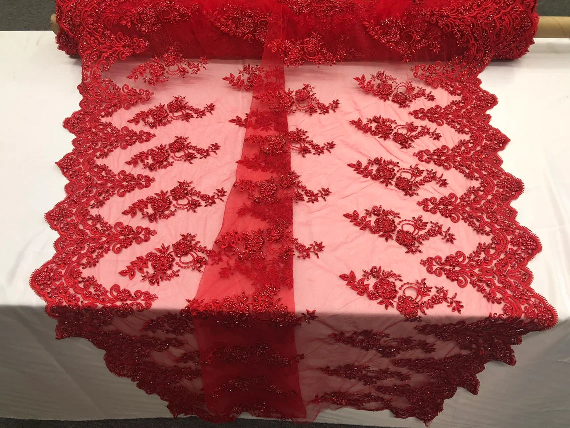 Beaded Bridal Lace - Red - Sold By The Yard Floral Embroidered Sequins Wedding Fabric