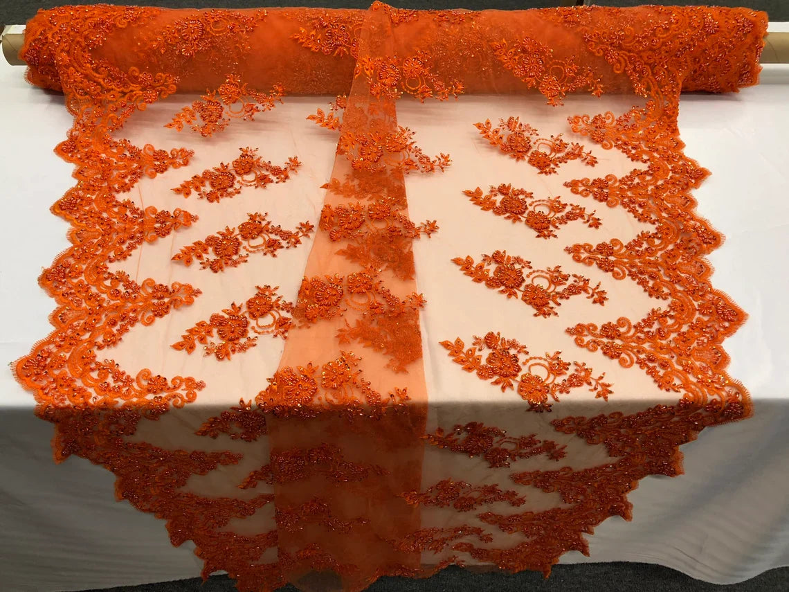 Beaded Bridal Lace - Orange - Sold By The Yard Floral Embroidered Sequins Wedding Fabric