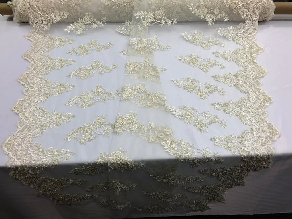 Beaded Bridal Lace - Ivory - Sold By The Yard Floral Embroidered Sequins Wedding Fabric