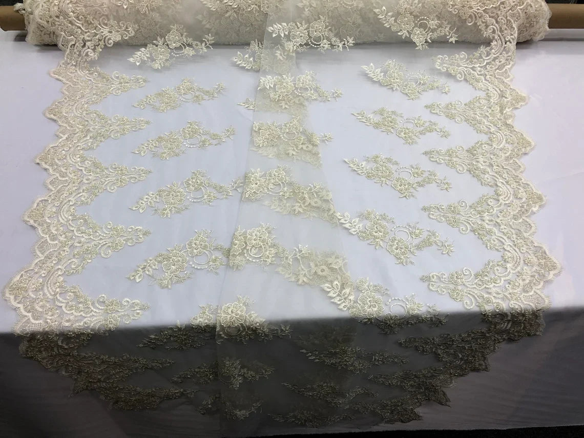 Beaded Bridal Lace - Ivory - Sold By The Yard Floral Embroidered Sequins Wedding Fabric