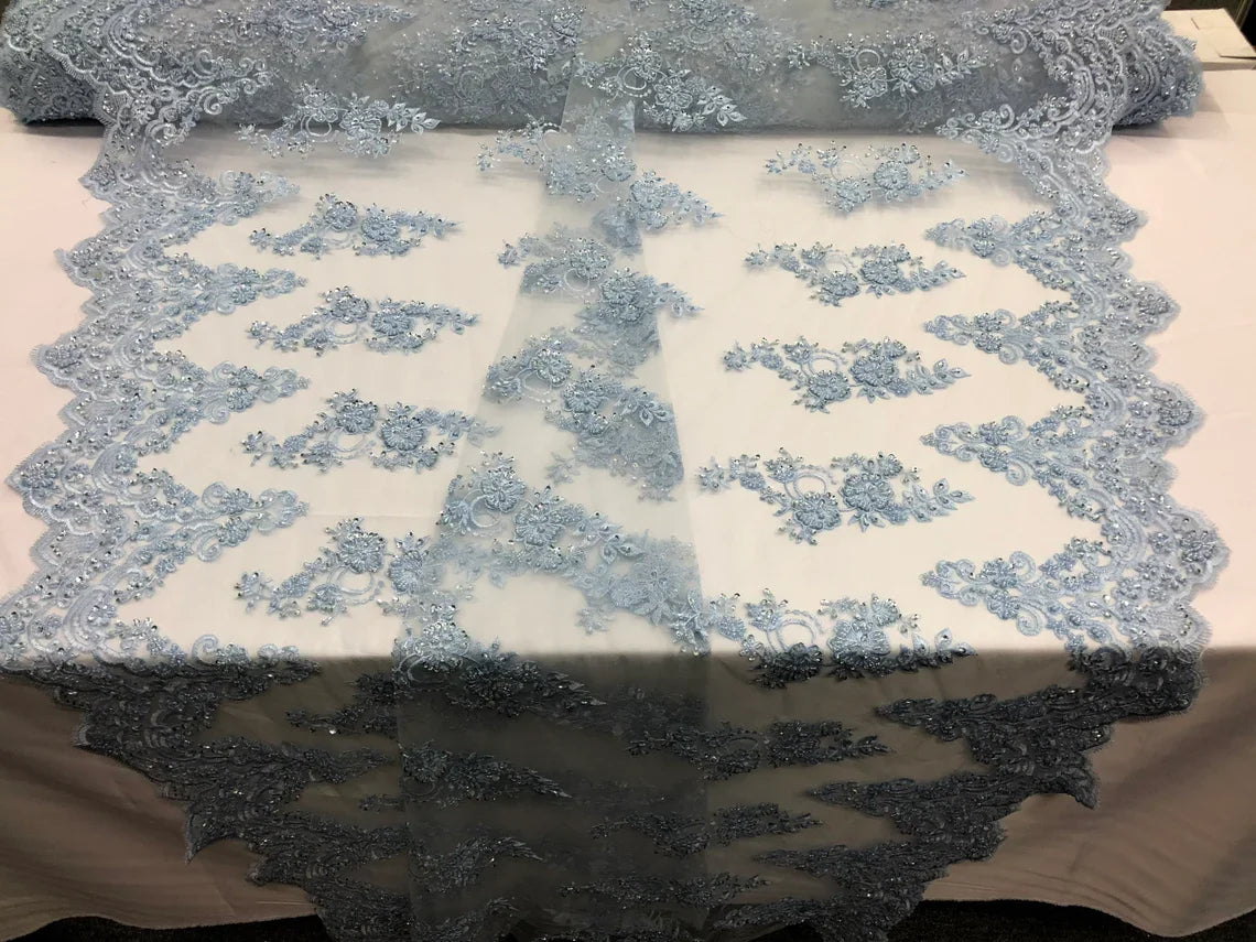 Beaded Bridal Lace - Baby Blue - Sold By The Yard Floral Embroidered Sequins Wedding Fabric