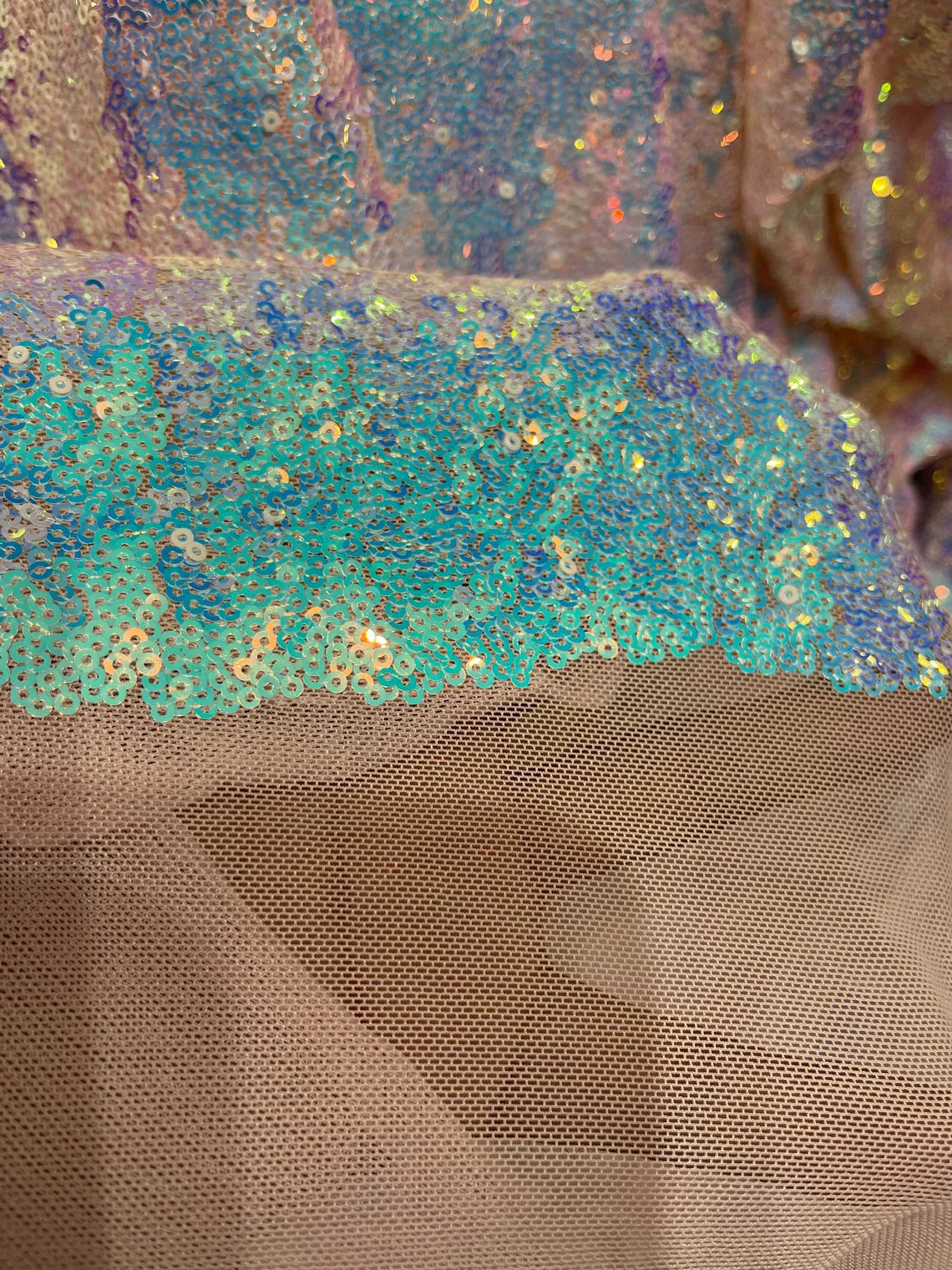 Mini Glitz Sequins - Iridescent Aqua on Nude - Mini Sequins on 4 Way Stretch Lace Mesh Fabric